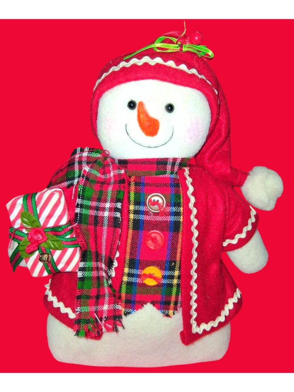 Festive 12-Inch Plush Snowman Decor With Red & Plaid Outfit And Gift Accessory